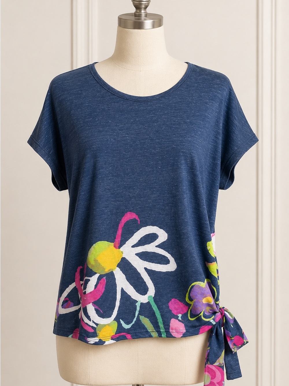 Black Floral Tie-Hem Tunic Top - Bright Multicolor